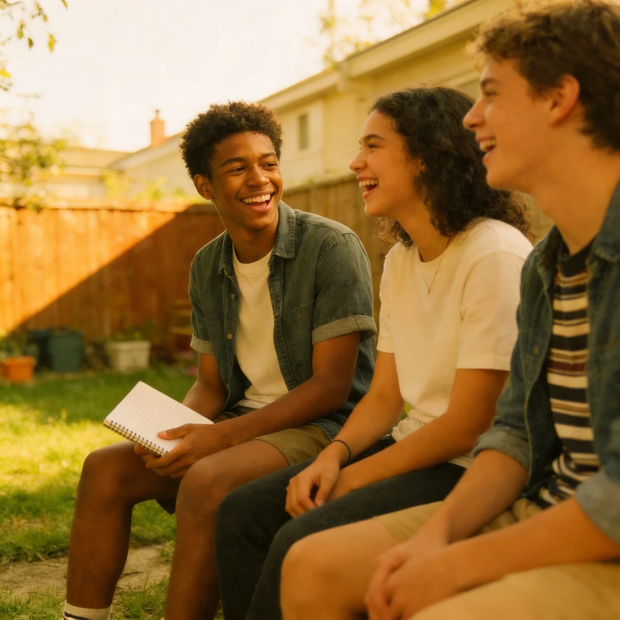 Three OHDELA students laughing together in a sunlit backyard, one holding a spiral notebook